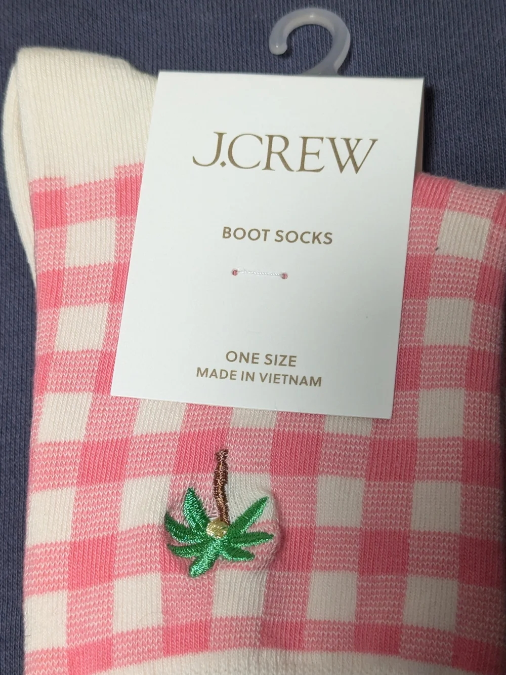 NWT J. Crew Embroidered Palm Tree Gingham Boot Socks One Size (Pink White)